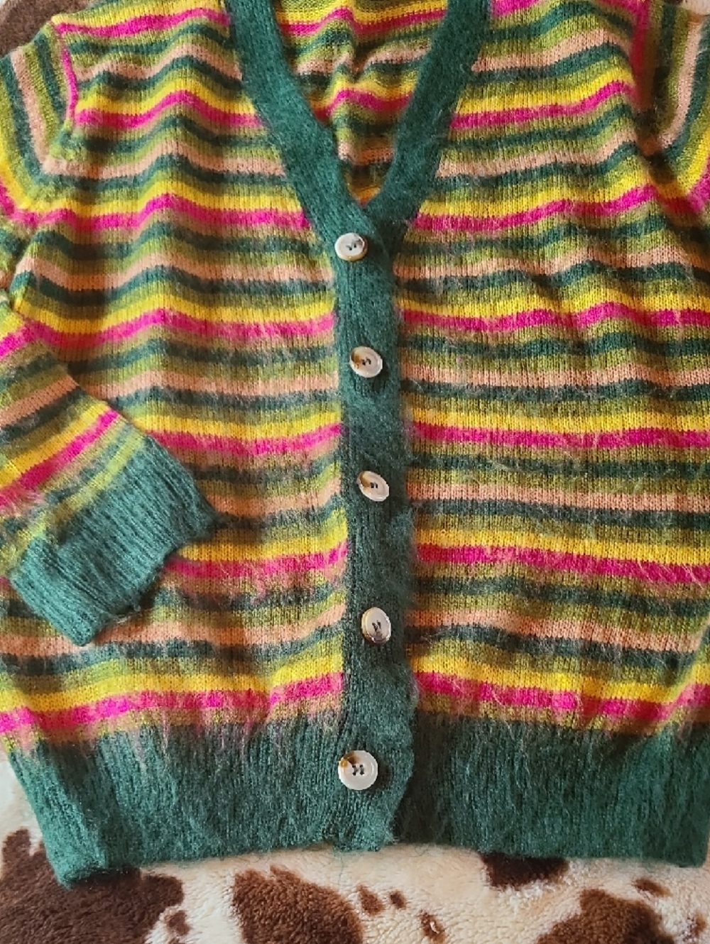 SHEIN Multicolor Striped Knit Cardigan with Dark Green Trim - Picture 4 of 5